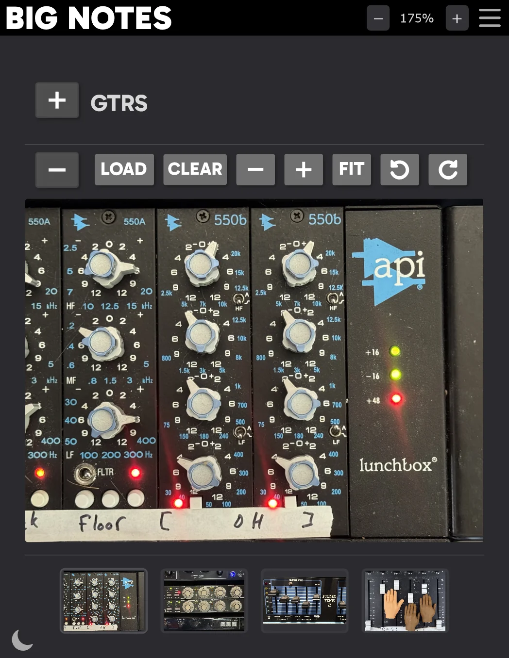BIG NOTES plugin showing hardware gear photos and session notes inside a DAW