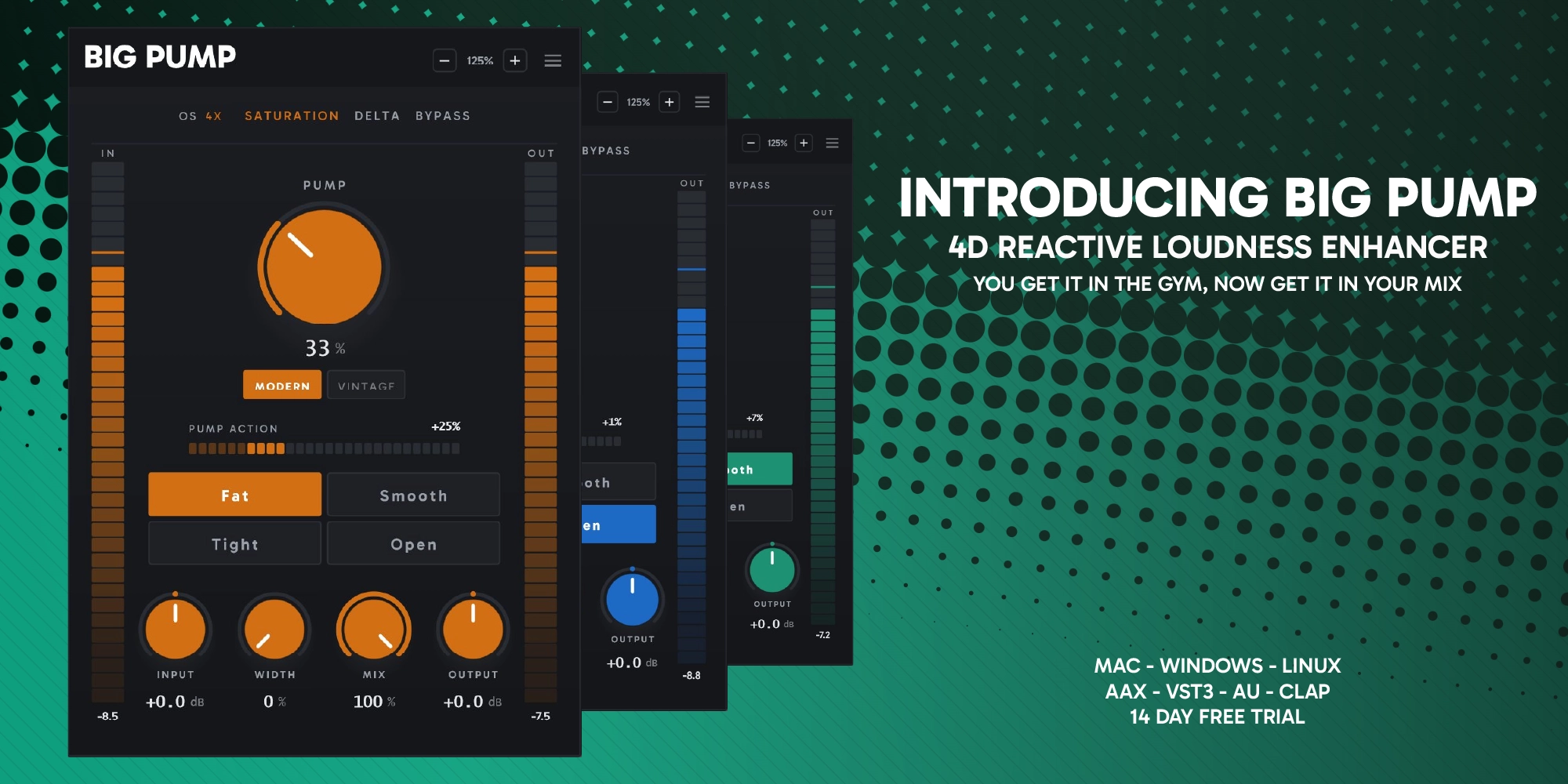Introducing Big Pump, a 4D Reactive Loudness Enhancer for Mac, Windows and Linux in AAX, VST3, AU and CLAP. 14 day free trial.